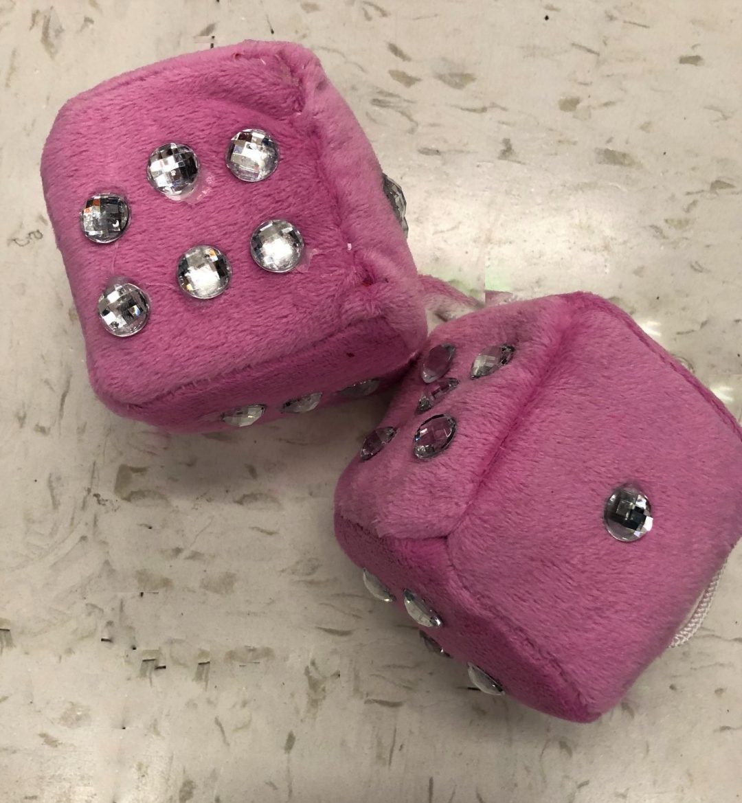 pink velour stuffed dice with rhinestones